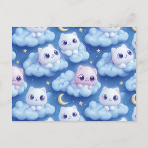 "Chubby Kawaii Cats and Clouds 3D Seamless Pattern Postcard