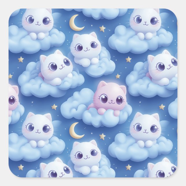 "Chubby Kawaii Cats and Clouds 3D Seamless Pattern Square Sticker (Front)