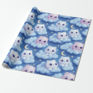 "Chubby Kawaii Cats and Clouds 3D Seamless Pattern Wrapping Paper