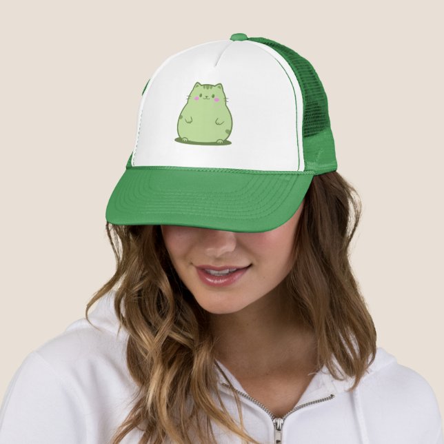Chubby Matcha Green Kitty Trucker Hat (In Situ)