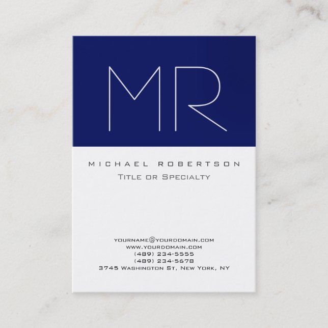 Chubby Modern Monogram White Blue Business Card (Front)