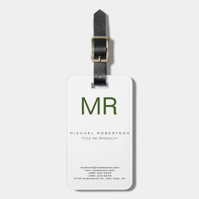 Chubby Modern Monogram White Green Luggage Tag (Front Vertical)