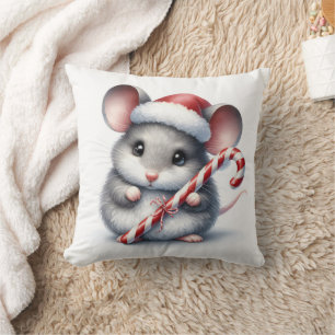Chubby Mouse With Christmas Candy Cane Cushion