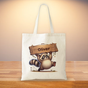Chubby Racoon with Customisable Name Sign Tote Bag