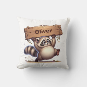 Chubby Racoon with Wooden Name Plate Cushion