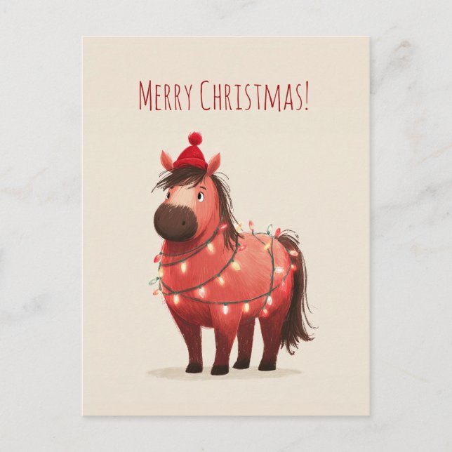 Chubby red and dark brown pony wrapped in lights holiday postcard (Front)