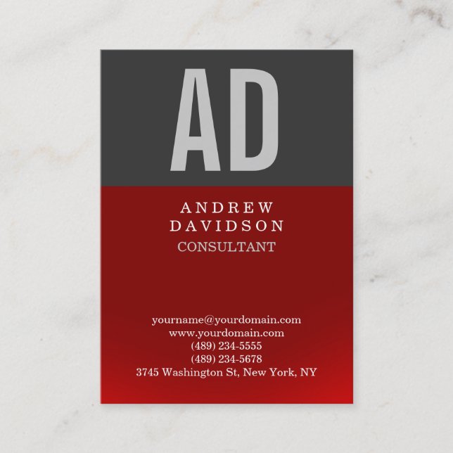 Chubby Red Grey Monogram Plain Business Card (Front)