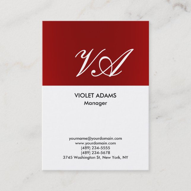 Chubby red white monogram professional modern business card (Front)