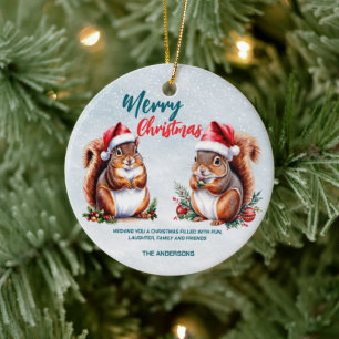 chubby squirrel Santa hat Merry Christmas snow Ceramic Tree Decoration