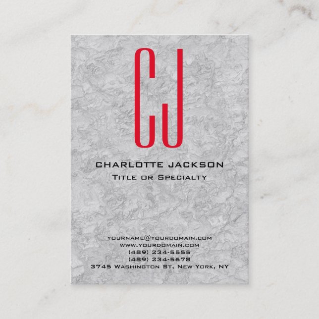 Chubby Stylish Red Monogram Grey Background Business Card (Front)