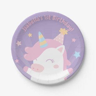 Chubby Unicorn Girl First Birthday Party Plates