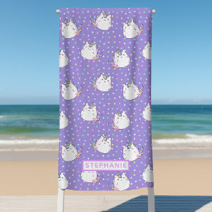 Chubby Unicorn Rainbow Stars Pattern Personalised Beach Towel
