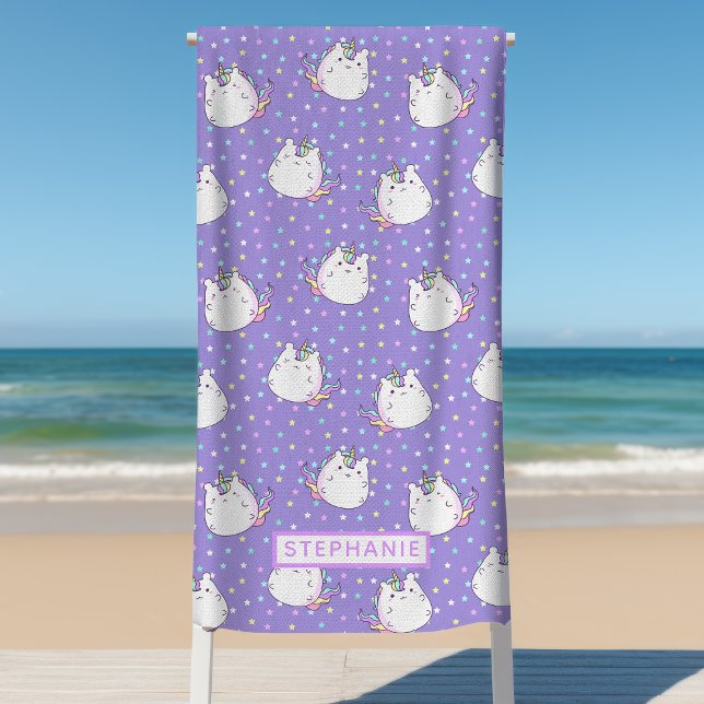 Chubby Unicorn Rainbow Stars Pattern Personalised Beach Towel (Creator Uploaded)
