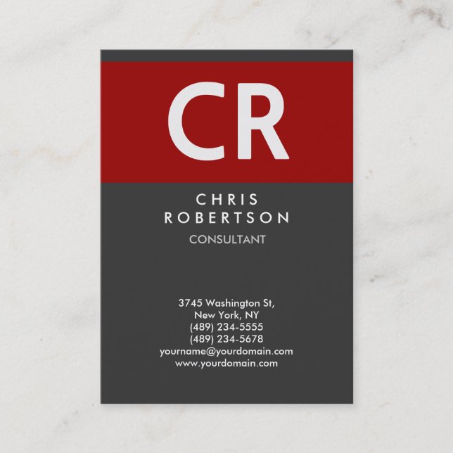 Chubby Vertical Red Grey Monogram Business Card (Front)