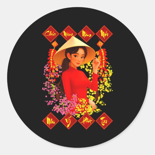 Chuc Mung Nam Moi Tet Binh Ngo 2026 Vietnamese Gir Classic Round Sticker (Front)