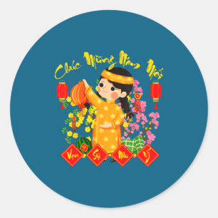 Chuc Mung Nam Moi Vietnamese Lunar New Year Ao Dai Classic Round Sticker