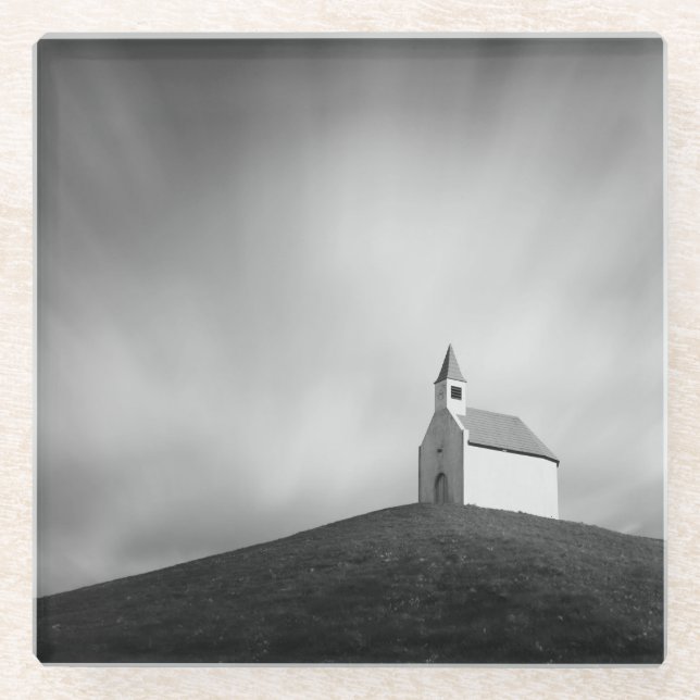 Chuch on a hill in black and white glass coaster (Front)