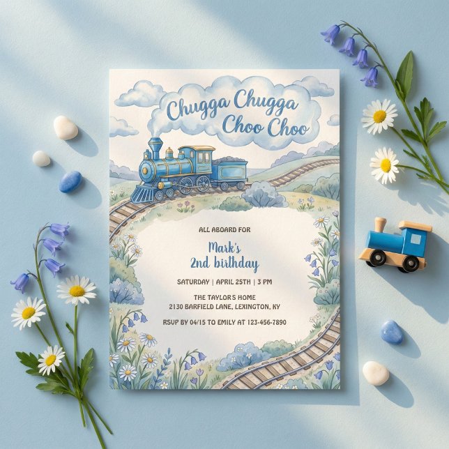 Chugga Chugga Choo Choo Blue Train Boys Birthday Invitation (Watercolor Blue Train Boys Birthday Party Invitation)
