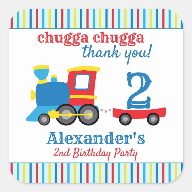 Chugga Chugga Train Birthday Favour Square Sticker (Front)
