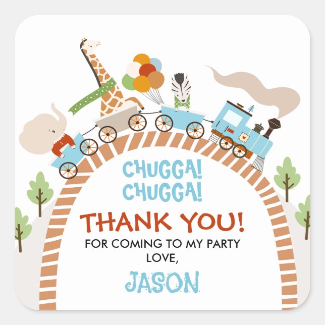 Chugga Chugga Train Birthday Thank You Square Sticker (Front)