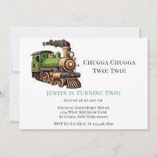 Chugga Chugga Two Two Green Train Birthday Party Invitation