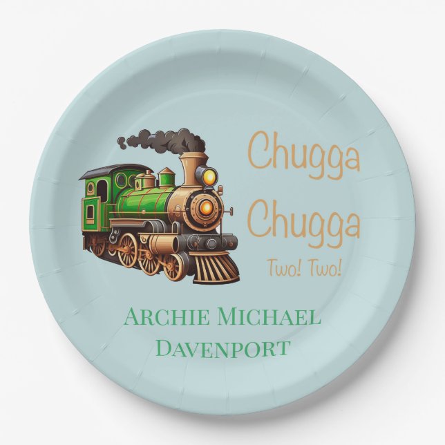 Chugga Chugga Two Two Green Train Birthday Party Paper Plate (Front)