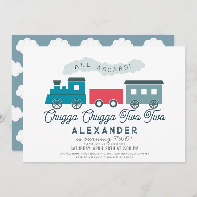 Chugga Chugga Two Two Train Blue Boy 2nd Birthday Invitation (Front/Back)