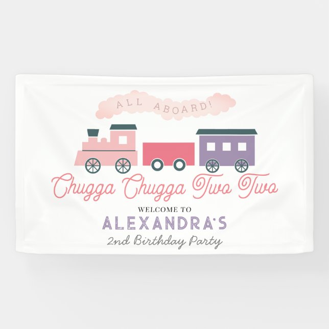 Chugga Chugga Two Two Train Pink Girl 2nd Birthday Banner (Horizontal)