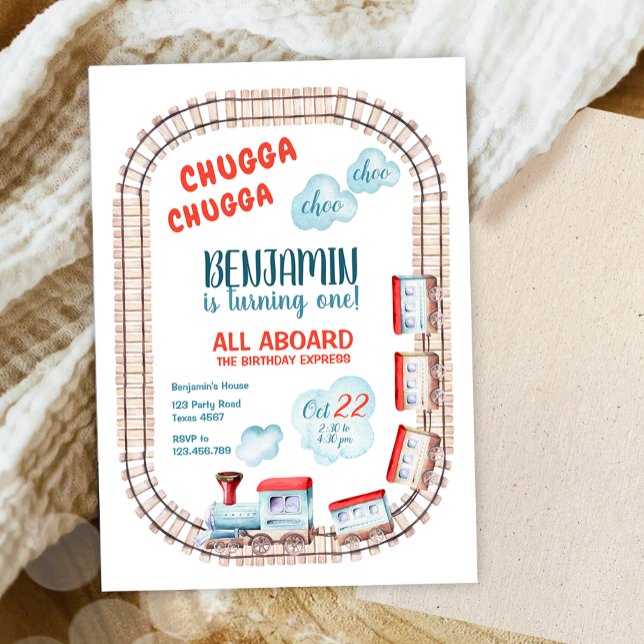 Chugga Train Choo Boy Red Blue Birthday Rails Invitation (Creator Uploaded)