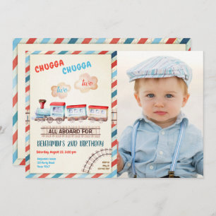 Chugga Two Train Choo Boy Red Blue 2nd Birthday Invitation