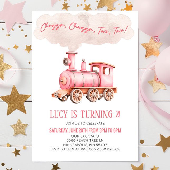 Chugga Two Two Pink Train 2nd Birthday Party Invitation (Creator Uploaded)