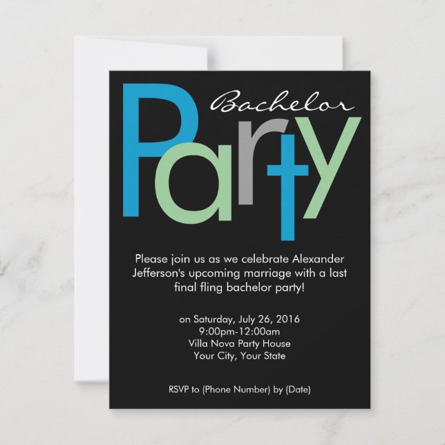 Chunky Block Blue Black Bachelor Party Invitation (Front)
