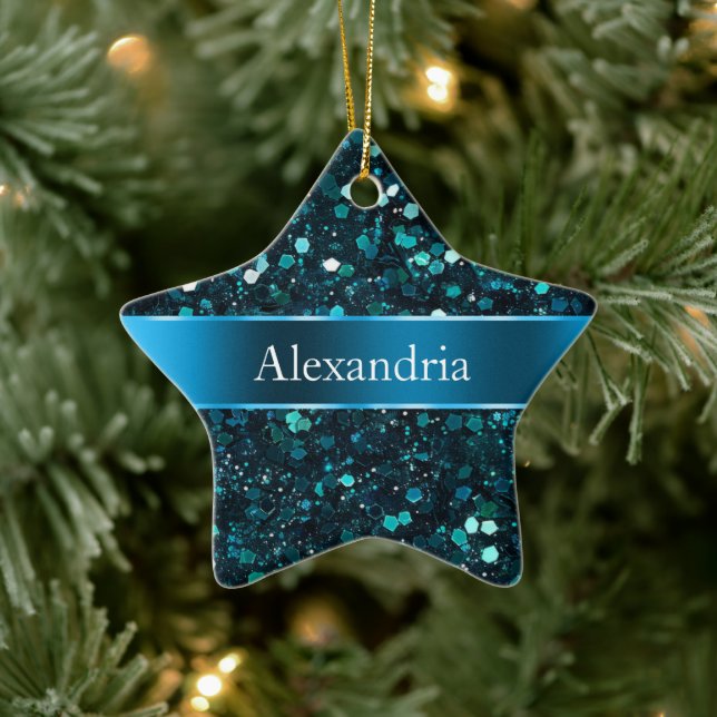 Chunky Blue Aqua Glitz Glitter Christmas Name Ceramic Tree Decoration (Tree)