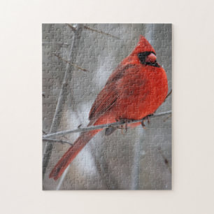 Chunky Bright Red Male Cardinal in Winter Snow Jigsaw Puzzle