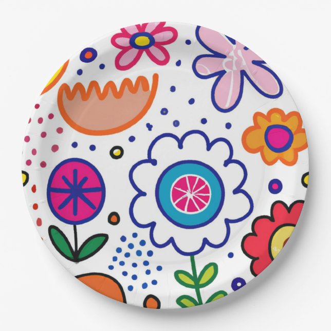 Chunky flowers in bold colours paper plate (Front)