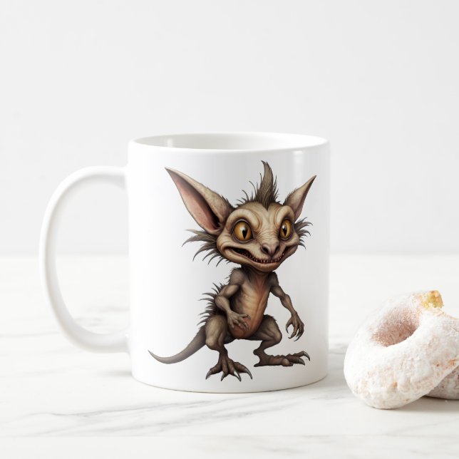 Chupacabra Gremlin Hybrid Illustration Coffee Mug (With Donut)