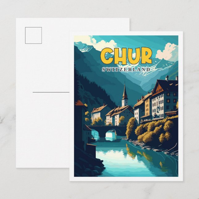 Chur Switzerland vintage travel illustration Postcard (Front/Back)