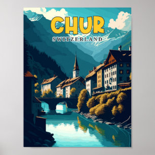 Chur Switzerland vintage travel illustration Poster