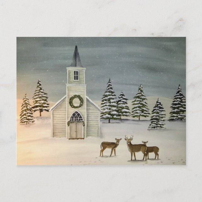 Church and Deer Winter Scene Postcard (Front)