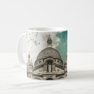 Church and flock of birds, photograph coffee mug