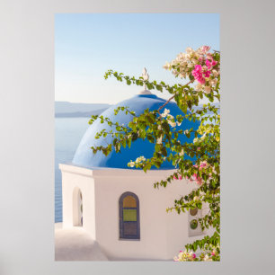 Church and flowers in Santorini Poster