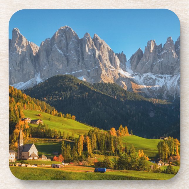Church and village with mountains landscape coaster (Front)