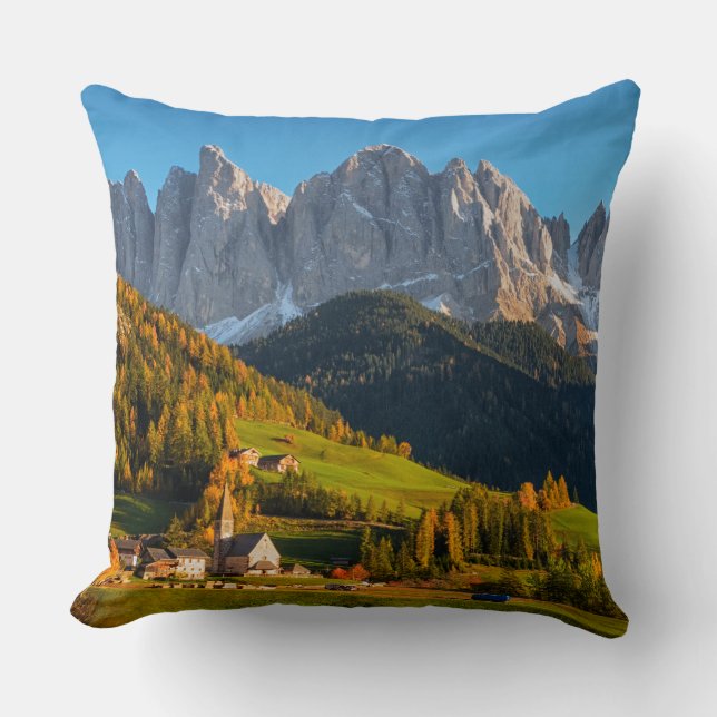 Church and village with mountains landscape cushion (Front)