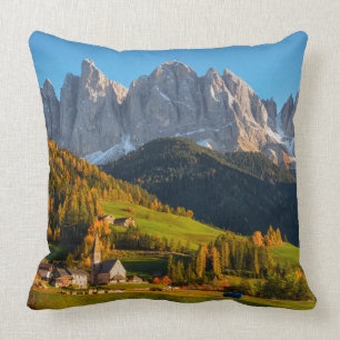 Church and village with mountains landscape cushion