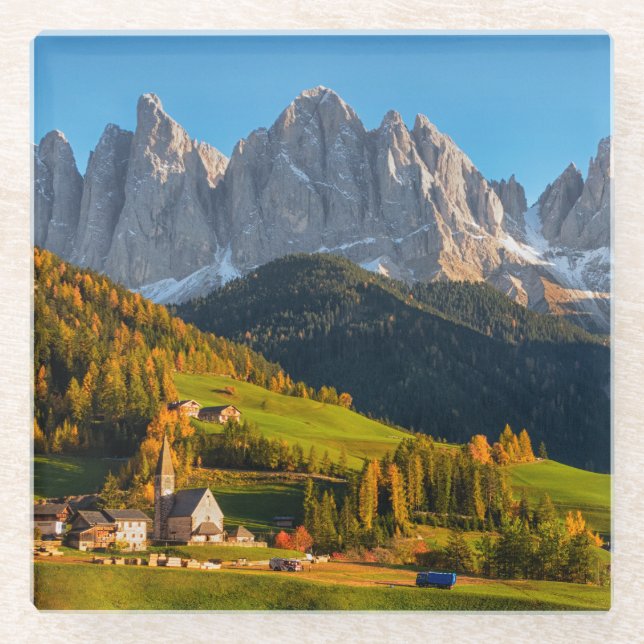 Church and village with mountains landscape glass coaster (Front)