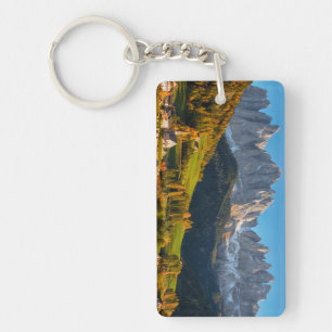 Church and village with mountains landscape key ring