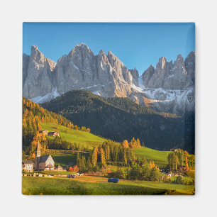 Church and village with mountains landscape magnet