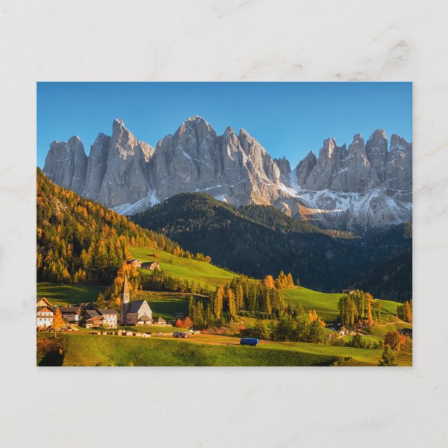 Church and village with mountains landscape postca postcard (Front)