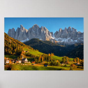 Church and village with mountains landscape poster