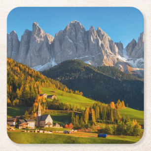 Church and village with mountains landscape square paper coaster